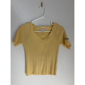 Tommy Hilfiger Womens Yellow Ribbed V Neck Short Sleeve Sweater Top Size LG
